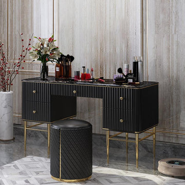 Black Makeup Vanity Table Faux Marble Dressing Table with Drawers Gold Stainless Steel